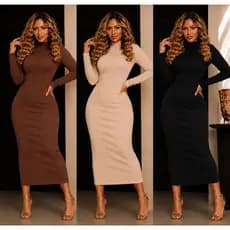 Vestido Longo Feminino Envio Rápido Canelado Gola Alta Manga Longa de Inverno