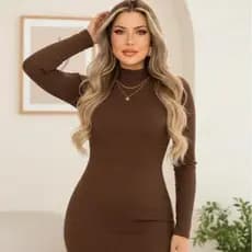 Vestido Feminino Longo De Manga Longa Gola Alta Canelado