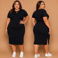 Vestido Feminino Midi Plus Size Canelado Viés na Gola e na Manga Fenda Lateral