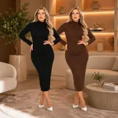 Vestido Longo de Inverno Envio Rápido Manga Longa Gola Alta Canelado Encorpado Confortável