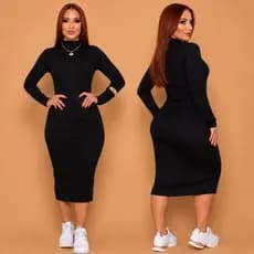 Vestido Feminino Longo Canelado de Manga Longa Gola Alta Inverno Moda Casual Mais vendido