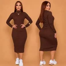 Vestido Feminino Longo de Manga Longa e Gola Alta Canelado Premium Mais Vendidos Inverno Casual