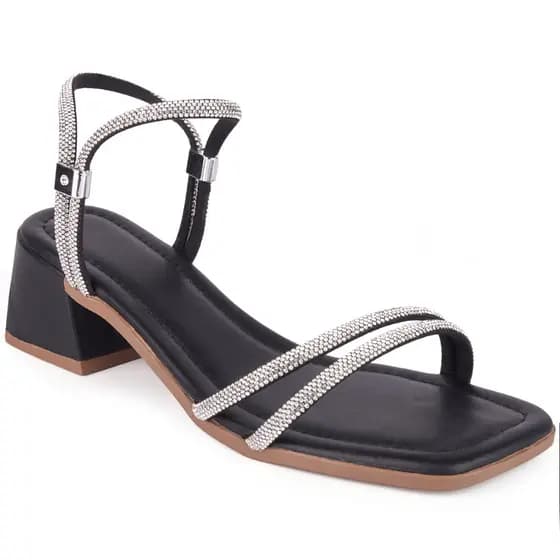 Sandália Feminina Casual Salto Bloco Baixo Tiras Strass Ajustavel Brilho Elegante Festa Confortável Moderna Luxo