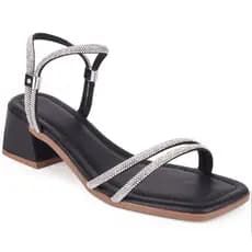 Sandália Feminina Casual Salto Bloco Baixo Tiras Strass Ajustavel Brilho Elegante Festa Confortável Moderna Luxo