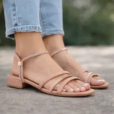Sandália Feminina Salto Bloco Baixo Tiras Strass Regulagem Elegante Casual Festa Moda Verão Conforto