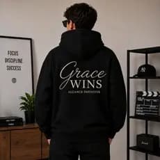 Moletom Canguru Grace Wins Preto Oversized Moda Gospel Confortável Premium