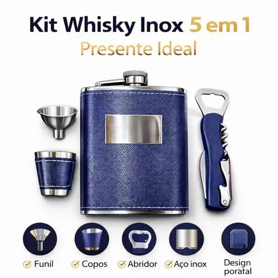 Kit Whisky Inox 5 em 1 Cantil com Copos Funil Abridor – Presente Masculino Premium Aço Inoxidável