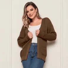 Cardigan Tricot Fang com Bolso Kimono Trico Casaco Frio Inverno Feminino Elegante Manga Longa Liso