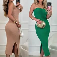 Vestido Midi Feminino Tubinho Tomara Que Caia CaneladoModal Tricot Verão