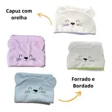 TOALHA BANHO BEBÊ FORRADA TECIDO FRALDA 100% ALGODÃO CAPUZ BORDADO CARINHA URSO