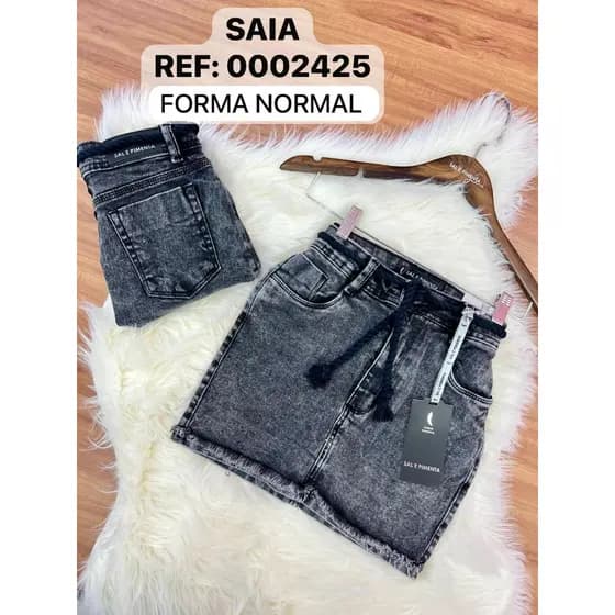 Saia Jeans Sal e Pimenta Linha Premium com cordinha cintura alta com elastano