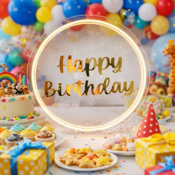 Placa led neon escrita HB, luminaria, Aniversario, Happy birthday, acrílico dourado, Redondo 30cm, com base de mesa