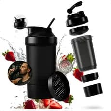 Coqueteleira Academia Shakeira 500ml com Esfera Misturadora e Compartimento Academia e Suplementos Preta