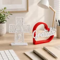 Kit Decoração Religiosa Cruz + Coração Gratidão Branco e Vermelho Enfeite de Mesa Rack Sala Escritório Kit Decoração