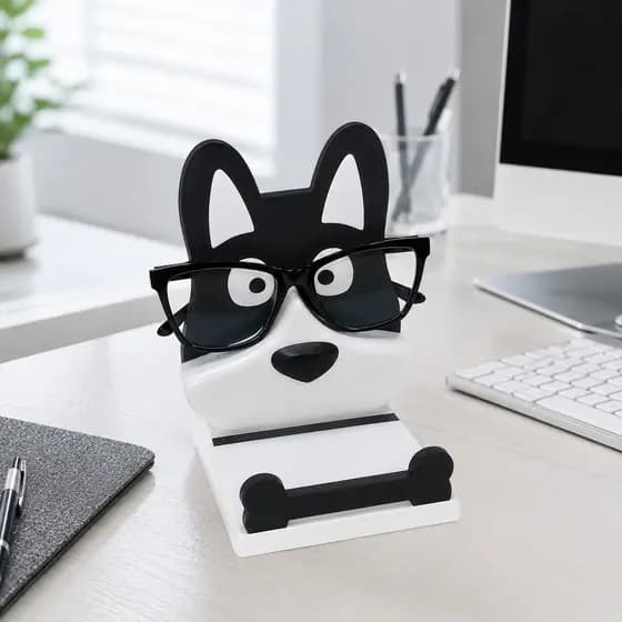 Porta Óculos Cachorrinho Com Suporte Para Celular Organizador De Mesa Escritório Criado Mudo Decorativo