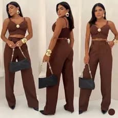 Conjunto Feminino Cropped Alfaiataria Com Bojo Detalhe Dourado Calça Pantalona Elegante Cintura Alta