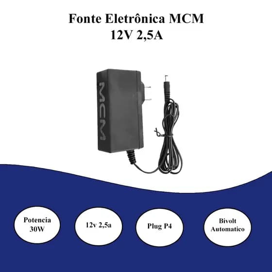 Fonte 12v 2,5A MCM Plug P4 Ideal para DVRs e alimenta 4 Câmeras