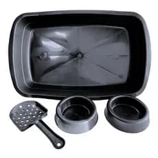 Kit Caixa de Areia para Gatos Comedouro Bebedouro Pá Bandeja Higiênica Sanitário Preto