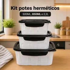 Kit 3 Pote Marmita 500Ml 850Ml 2,2L Com Travas Laterais - Livre de BPA Alimentos