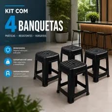 Kit 4 Banquetas Plástica MecPet Preta Lisa Reforçada Resistente Até 140kg Cozinha Balcão Imediato