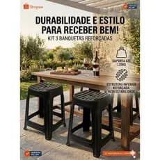 3 Banqueta Plásticas Reforçadas Empilháveis Preto | Banco Tamborete Cozinha Bar Varanda | Suporta 120kg