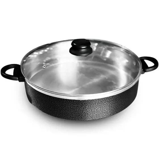 Panela Tacho Aluminio Craqueado P/ Paella Risoto Moqueca 26 e 30cm Tampa Vidro