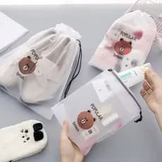 Conjunto De Bolsa Com Cordão Estampa De Urso Fofo , Sacos De Armazenamento Portáteis Para Cosméticos , Produtos De Higie