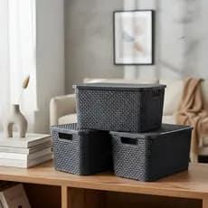 Kit Com 3 Caixas Plástica Organizadora Rattan C/ Tampa 25 Litros Preto