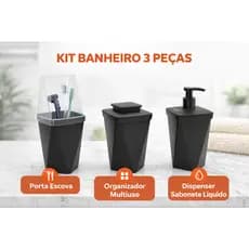Kit Banheiro 3 Peças Preto Fosco Luxo | Porta Sabonete Líquido + Escova + Organizador