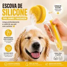 Escova de Banho Pet Cães e Gatos com Reservatório de Shampoo Massageadora Silicone Macio
