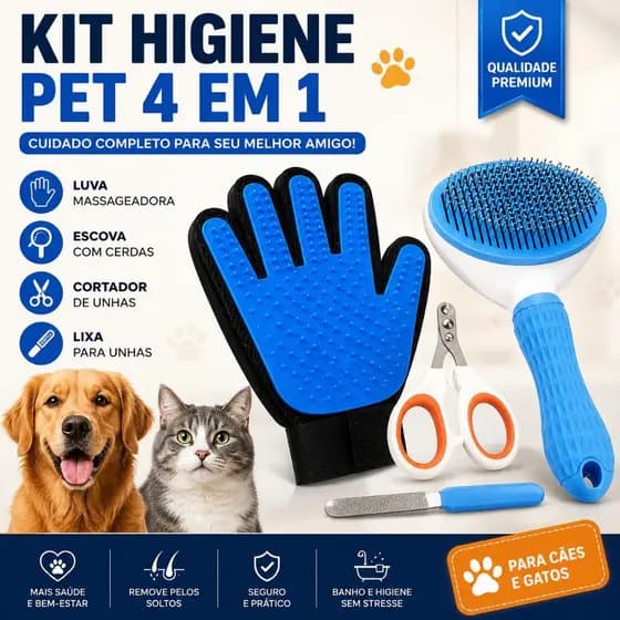 Kit Higiene Pet 4 em 1 Escova Removedora de Pelos Cortador de Unhas Lixa  Luva Massagem