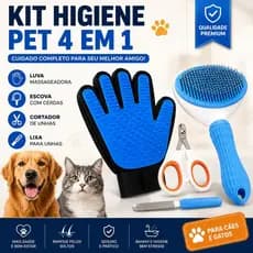 Kit Higiene Pet 4 em 1 Escova Removedora de Pelos Cortador de Unhas Lixa  Luva Massagem