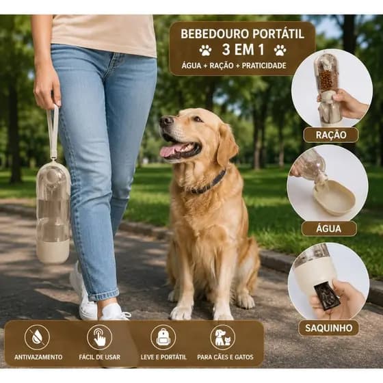 Garrafa Portátil  Pet 2 em 1 Ração e Água Cachorro  Gato Comedouro Bebedouro