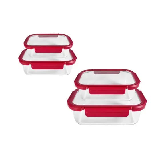 Kit 4 Potes Retangulares Hermético Tampa Vidro Borossilicato, Ótimo para guardar Alimentos Marmita Armazenar Frutas Legumes Saladas 4 Travas Vedação de Silicone