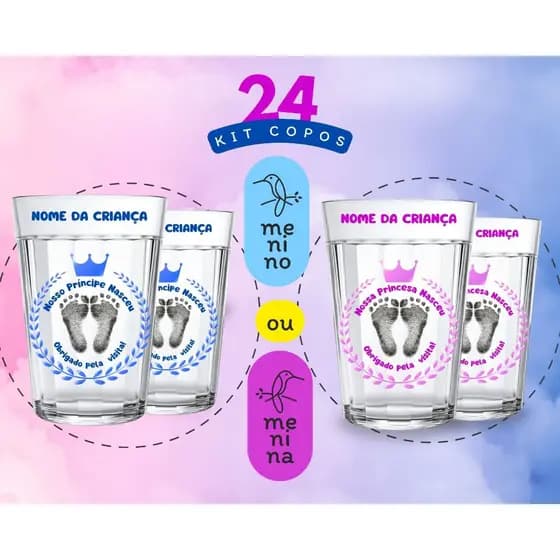 Copos Americanos 24 un. Vidro 190ml Personalizado Temático Presente Lembrança Maternidade Presente