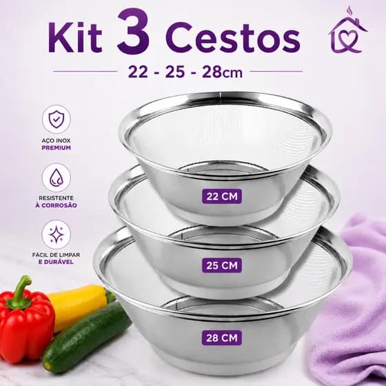 Jogo 1 ou 3 Cestos Inox Escorredor 22 25 28CM Resistente Lava Alimentos Arroz Legumes Frutas Massas