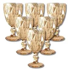 Kit Jogo 6 Taças Douradas Âmbar 340ml Vidro Diamante Diamond Bico Jaca Vinho Suco Água Restaurante Buffet