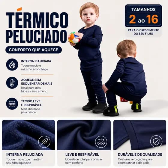Conjunto Térmico Infantil Peluciado Segunda Pele Inverno Menino Menina Roupa Térmica Tam 2 ao 16