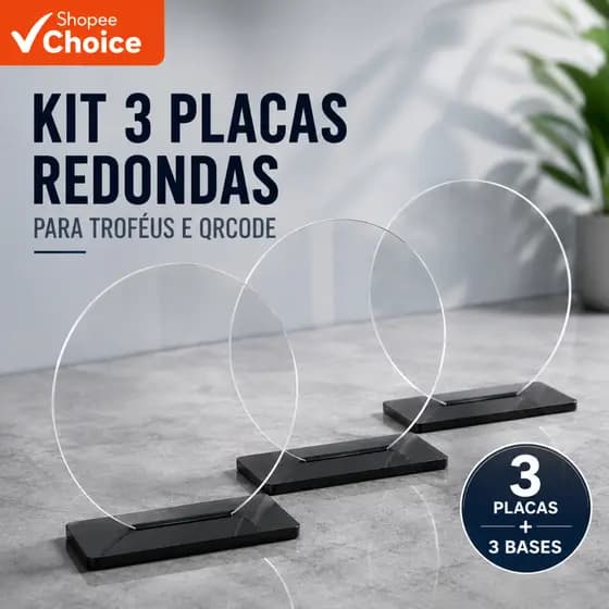Kit c/ 3 Placas Troféu Redondo de 15,5cm em Acrilico Cristal 2mm c/ Base Preta
