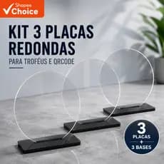 Kit c/ 3 Placas Troféu Redondo de 15,5cm em Acrilico Cristal 2mm c/ Base Preta