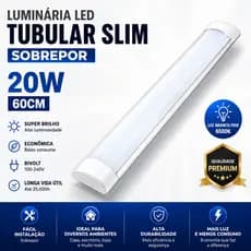 Luminária LED Sobrepor 20W 60cm Slim Branco Frio Tubular Econômica Cozinha Quarto Loja