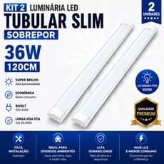 Kit 2 Luminárias LED Sobrepor 36W 120cm Slim Branco Frio Tubular Econômica Cozinha Quarto Loja