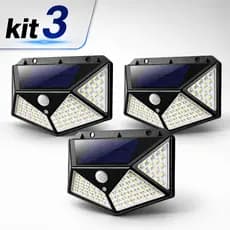 Kit 3 Luminária Solar 100 LED Sensor Presença Parede Jardim BF/BQ