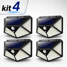 Kit 4 Luminária Solar de Parede com 100 LEDs, Sensor de Movimento e Impermeável