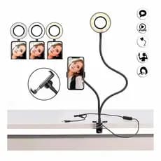 Luz Ring Light LED 2 em 1 + Suporte Celular Flexível Clip Mesa USB Iluminação Para Vídeo Live