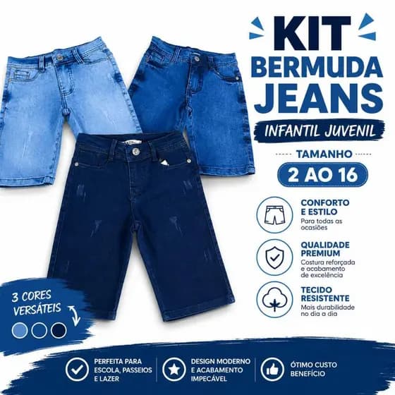 KIT De  2 e 1 Bermudas e Unidade Jeans Infantil de Menino Claro e Escuro  Masculina Tamanho 2 ao 16 anos com Elastano