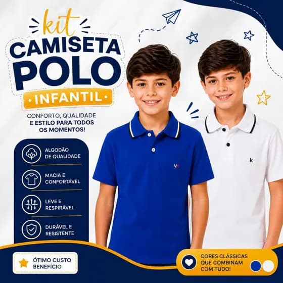 KIT Camisetas Gola Polo Masculina Menino Lisa Algodão Criança