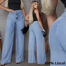 Calça feminina pantalona cintura alta alfaiataria jeans liocel social wide leg premium moda elegante