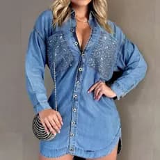 Vestido Chemise Plus Size Jeans Feminina Elegante Com Bordado De Pedras