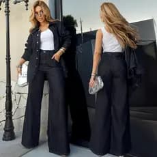 Calça pantalona feminina jeans preta premium wedi leg cintura alta sem laycra desconto oferta